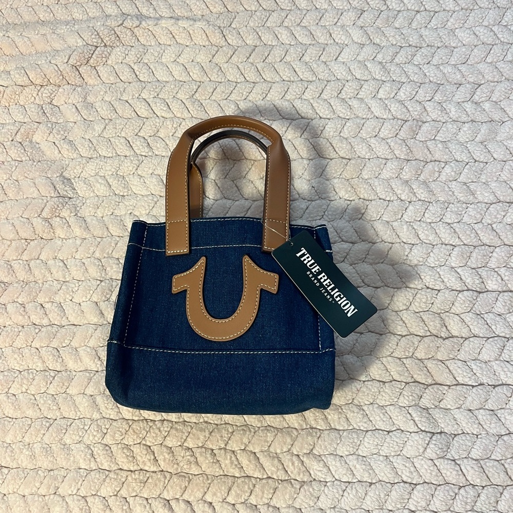 True Religion Blue and Tan Mini Bag with Structured Design